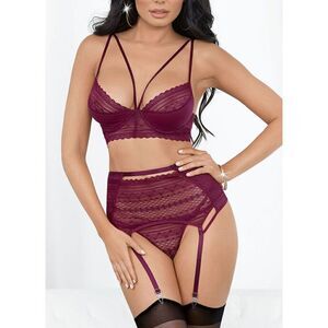 Sexy Underwire‎ 4-Piece Wine Red Garter Set Lingerie